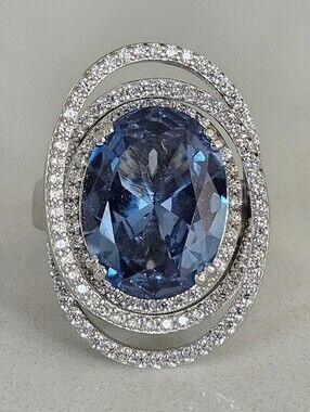 Designer Sterling Charles Winston Blue Topaz Double Halo CZ Statement Ring